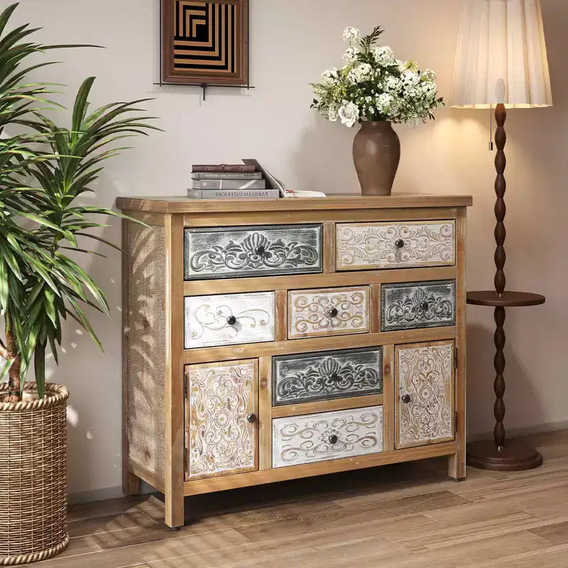 MAYEERTY Commode d'appoint vintage en bois avec 7 tiroirs et 2 placards, commode de rangement sculptée multicolore rustique pour salon