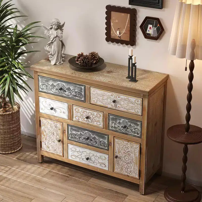 MAYEERTY Commode d'appoint vintage en bois avec 7 tiroirs et 2 placards, commode de rangement sculptée multicolore rustique pour salon