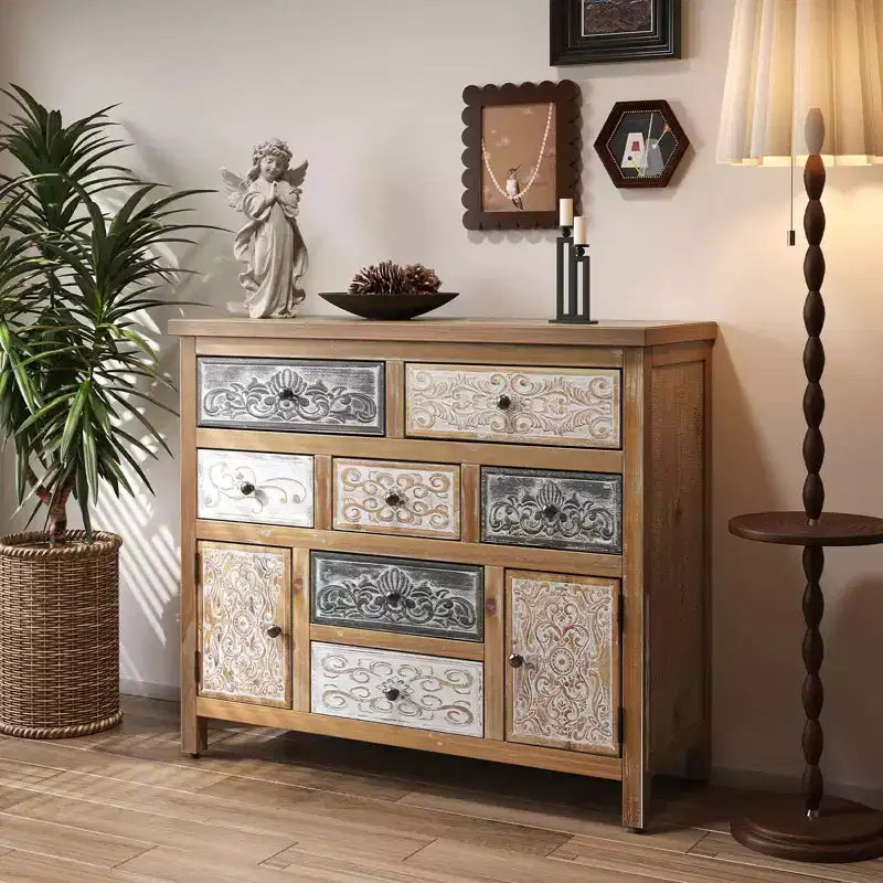 MAYEERTY Commode d'appoint vintage en bois avec 7 tiroirs et 2 placards, commode de rangement sculptée multicolore rustique pour salon