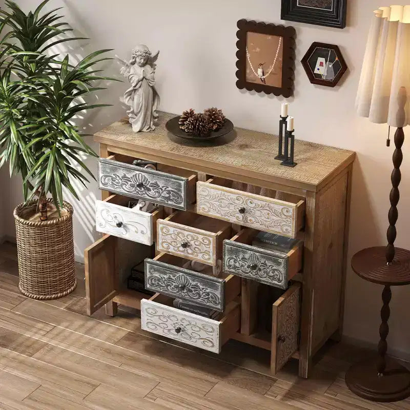 MAYEERTY Commode d'appoint vintage en bois avec 7 tiroirs et 2 placards, commode de rangement sculptée multicolore rustique pour salon