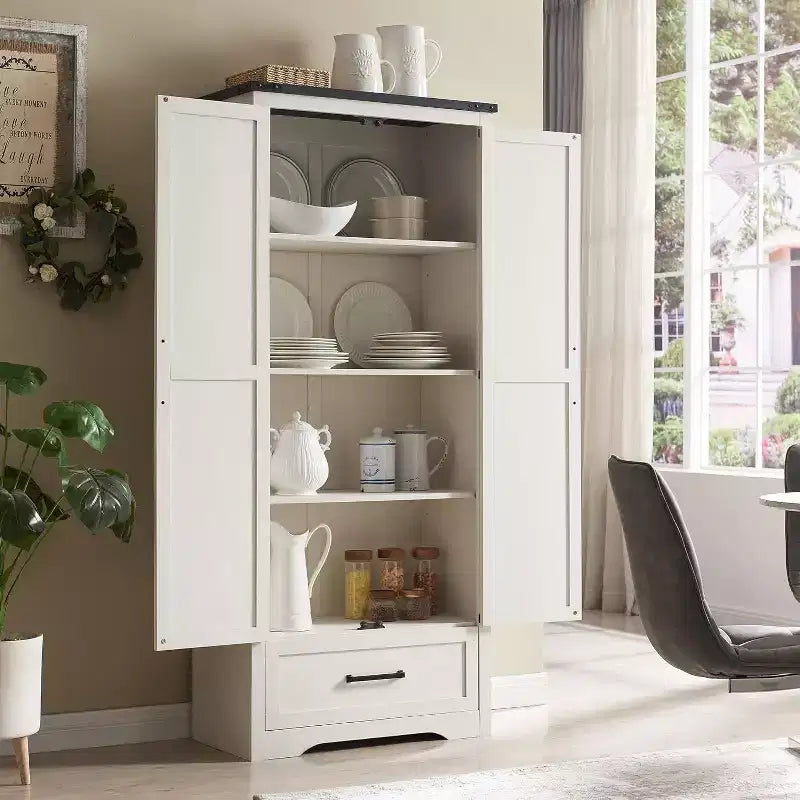 Garde-manger haut de 183 cm, armoire de rangement en bois de style rustique avec étagères réglables, 2 portes de grange et tiroir