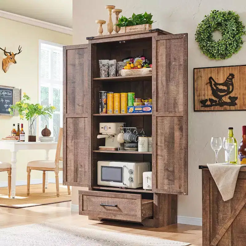 Garde-manger haut de 183 cm, armoire de rangement en bois de style rustique avec étagères réglables, 2 portes de grange et tiroir