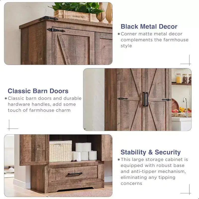 Garde-manger haut de 183 cm, armoire de rangement en bois de style rustique avec étagères réglables, 2 portes de grange et tiroir