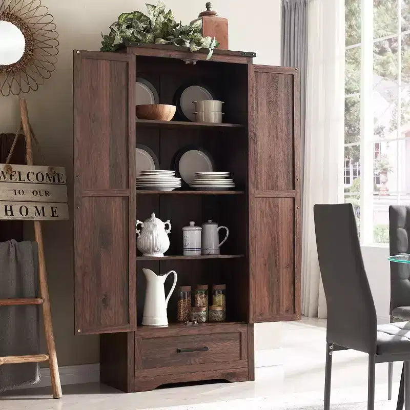 Garde-manger haut de 183 cm, armoire de rangement en bois de style rustique avec étagères réglables, 2 portes de grange et tiroir