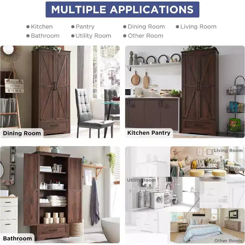 Garde-manger haut de 183 cm, armoire de rangement en bois de style rustique avec étagères réglables, 2 portes de grange et tiroir
