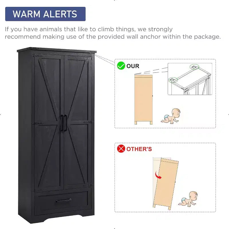 Garde-manger haut de 183 cm, armoire de rangement en bois de style rustique avec étagères réglables, 2 portes de grange et tiroir
