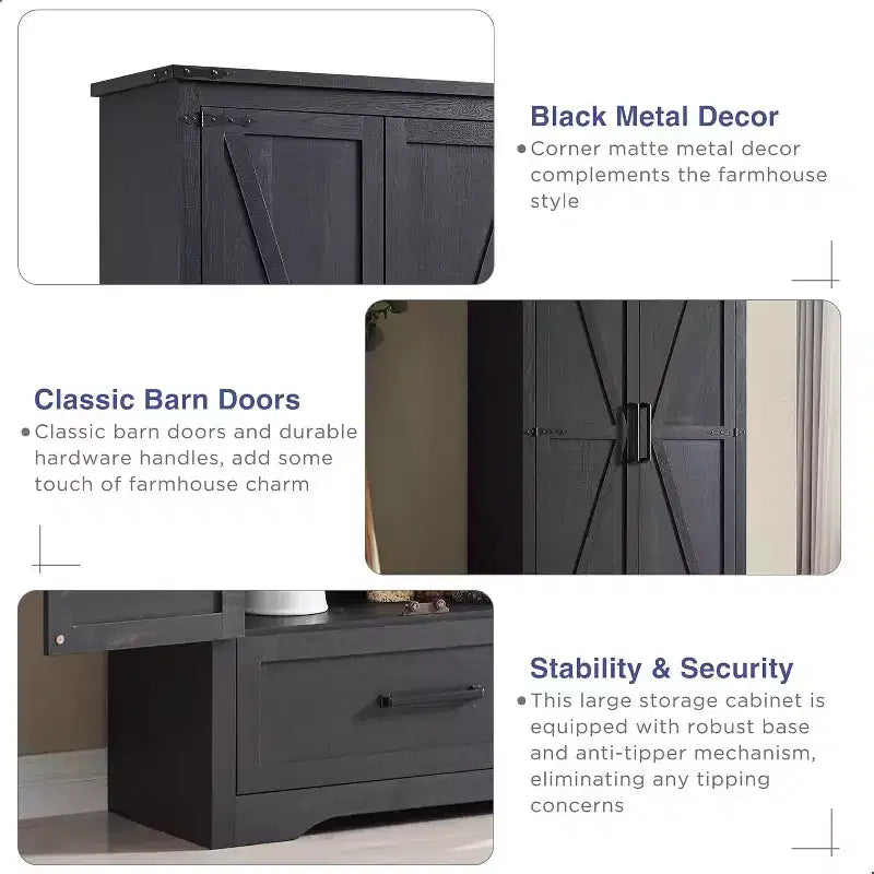 Garde-manger haut de 183 cm, armoire de rangement en bois de style rustique avec étagères réglables, 2 portes de grange et tiroir