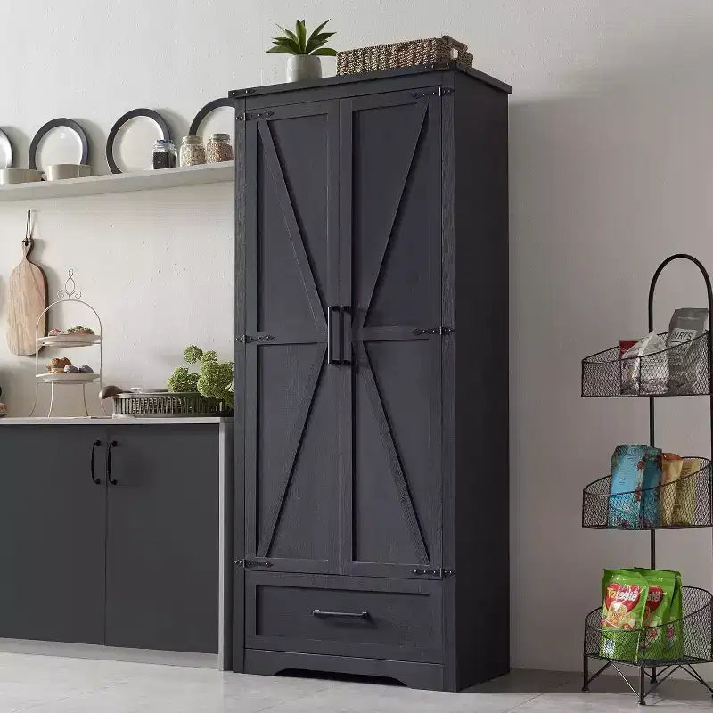 Garde-manger haut de 183 cm, armoire de rangement en bois de style rustique avec étagères réglables, 2 portes de grange et tiroir