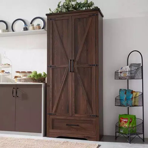 72 Tall Kitchen Pantry, Farmhouse Wood Storage Cabinet with Adjustable Shelves & 2 Barn Doors & Drawer