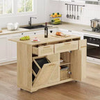 Îlot de cuisine roulant de 53 pouces avec portes en rotin et bar de petit-déjeuner à abattant, meuble de rangement avec poubelle cachée