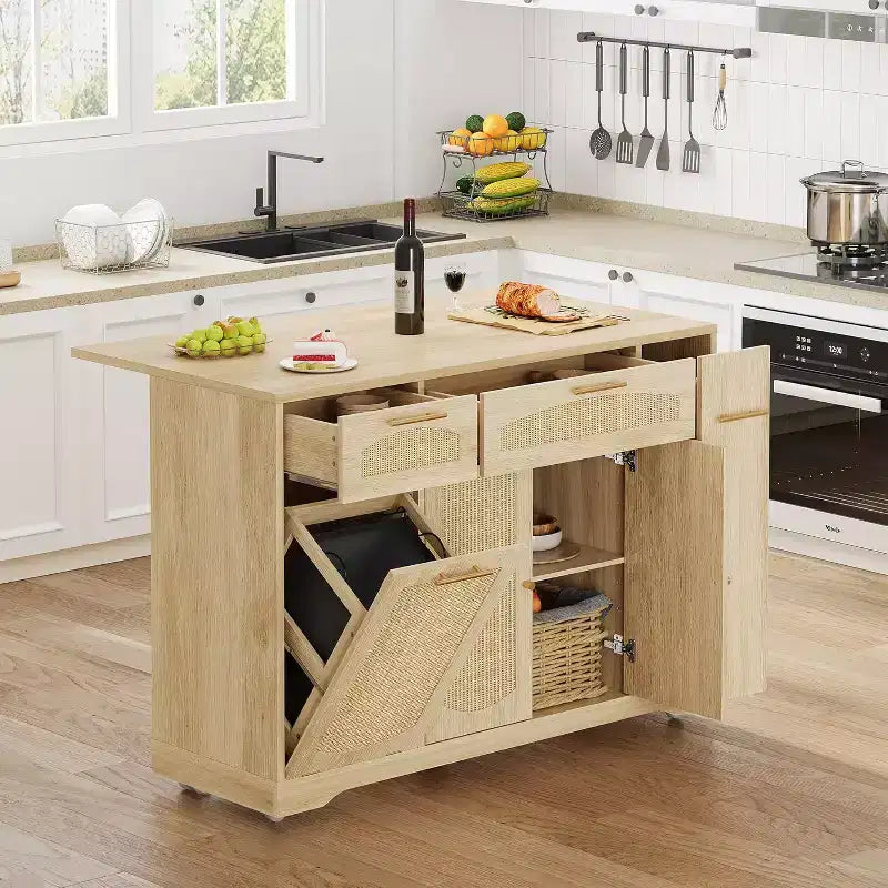 Îlot de cuisine roulant de 53 pouces avec portes en rotin et bar de petit-déjeuner à abattant, meuble de rangement avec poubelle cachée
