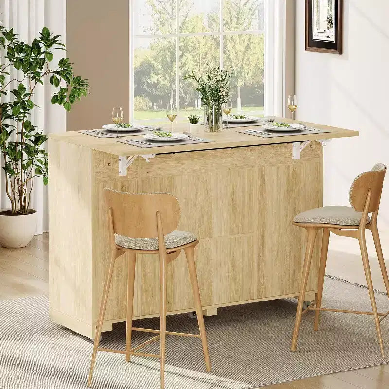 Îlot de cuisine roulant de 53 pouces avec portes en rotin et bar de petit-déjeuner à abattant, meuble de rangement avec poubelle cachée