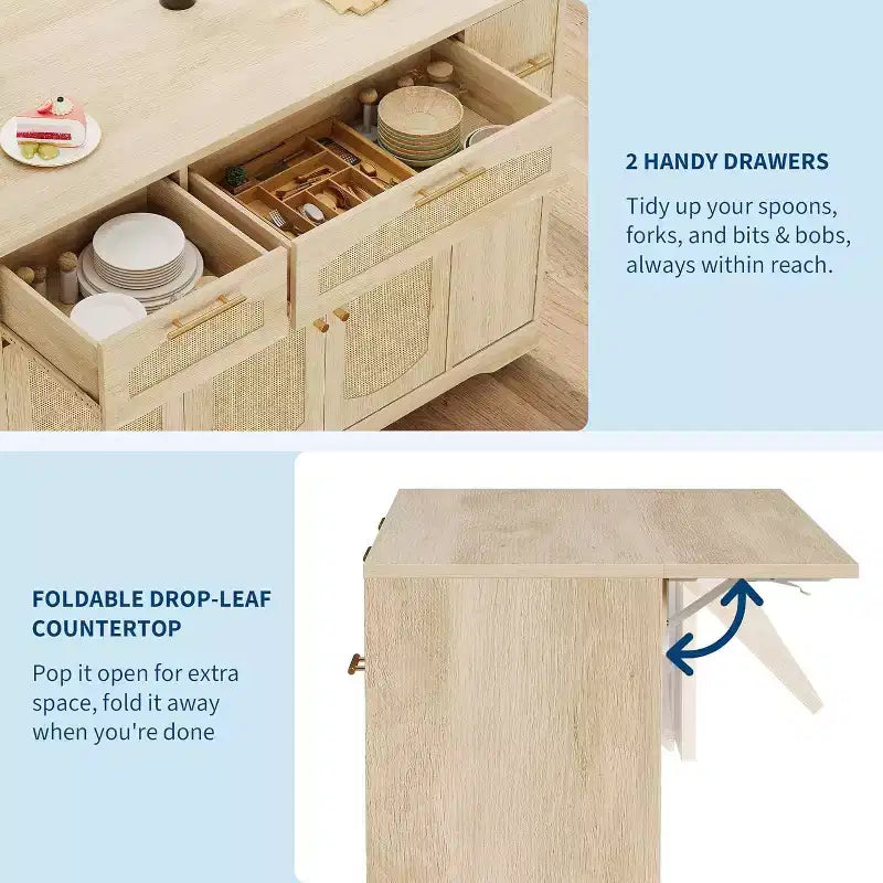 Îlot de cuisine roulant de 53 pouces avec portes en rotin et bar de petit-déjeuner à abattant, meuble de rangement avec poubelle cachée
