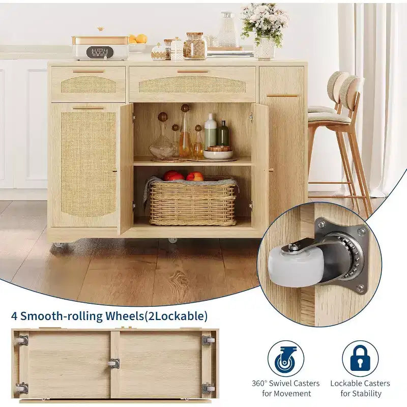 Îlot de cuisine roulant de 53 pouces avec portes en rotin et bar de petit-déjeuner à abattant, meuble de rangement avec poubelle cachée