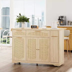 Îlot de cuisine roulant de 53 pouces avec portes en rotin et bar de petit-déjeuner à abattant, meuble de rangement avec poubelle cachée