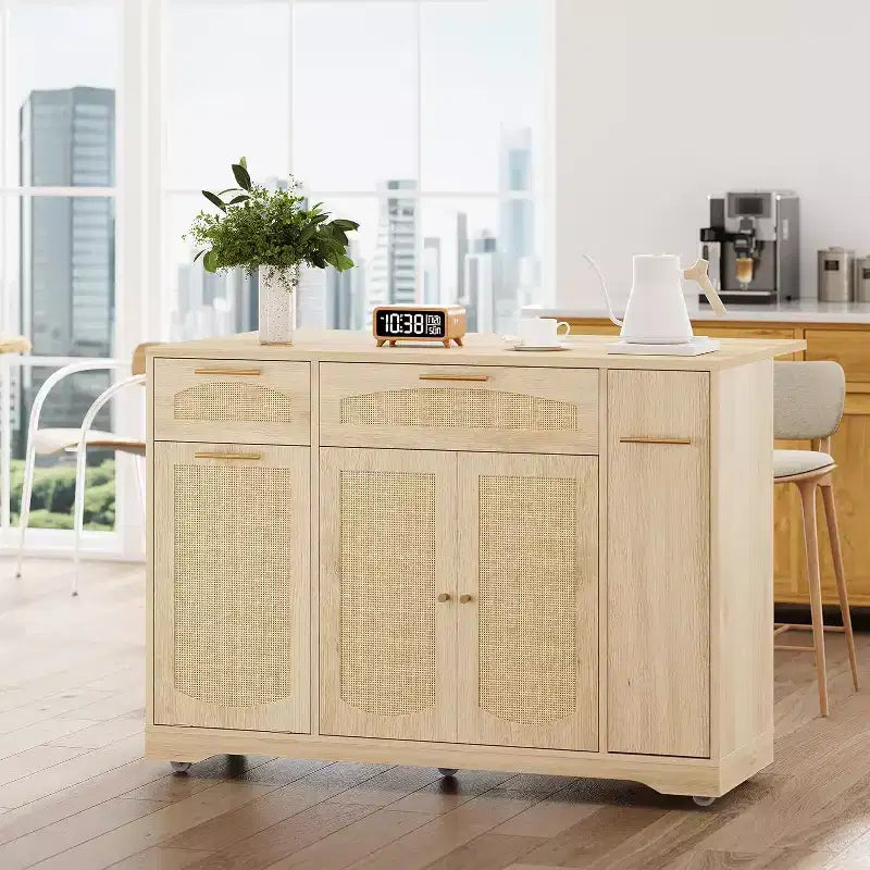Îlot de cuisine roulant de 53 pouces avec portes en rotin et bar de petit-déjeuner à abattant, meuble de rangement avec poubelle cachée