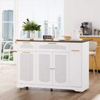 Îlot de cuisine roulant de 53 pouces avec portes en rotin et bar de petit-déjeuner à abattant, meuble de rangement avec poubelle cachée