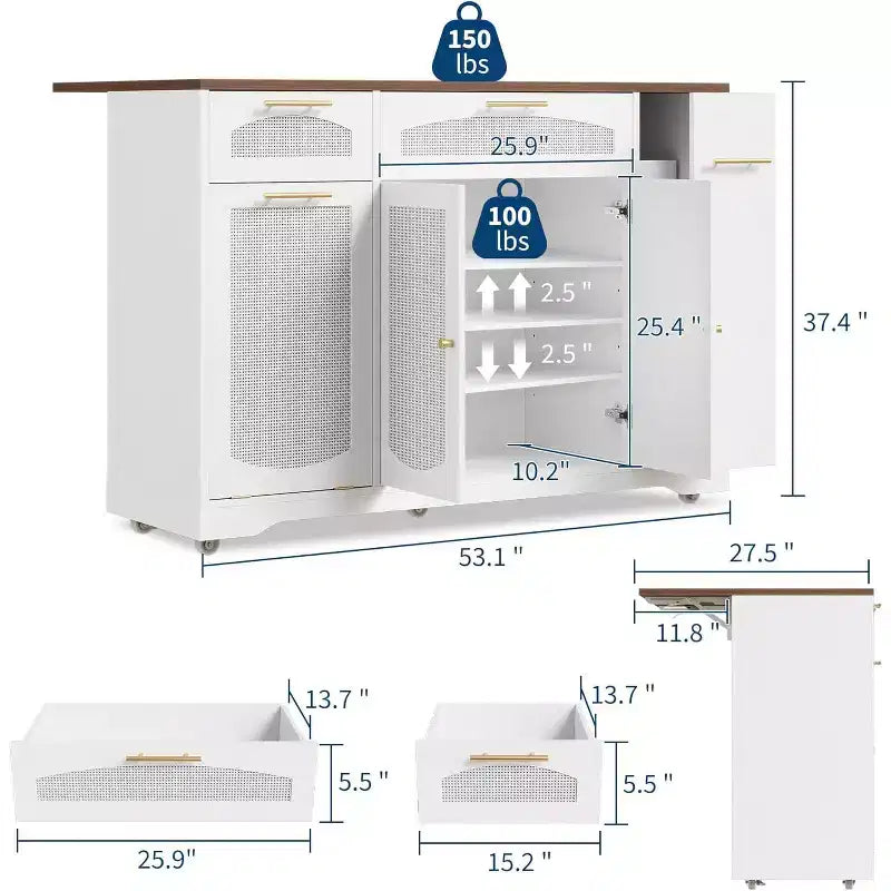 Îlot de cuisine roulant de 53 pouces avec portes en rotin et bar de petit-déjeuner à abattant, meuble de rangement avec poubelle cachée