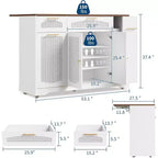 Îlot de cuisine roulant de 53 pouces avec portes en rotin et bar de petit-déjeuner à abattant, meuble de rangement avec poubelle cachée