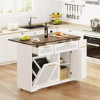 Îlot de cuisine roulant de 53 pouces avec portes en rotin et bar de petit-déjeuner à abattant, meuble de rangement avec poubelle cachée