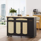 Îlot de cuisine roulant de 53 pouces avec portes en rotin et bar de petit-déjeuner à abattant, meuble de rangement avec poubelle cachée