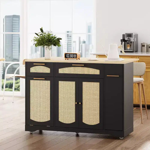Îlot de cuisine roulant de 53 pouces avec portes en rotin et bar de petit-déjeuner à abattant, meuble de rangement avec poubelle cachée