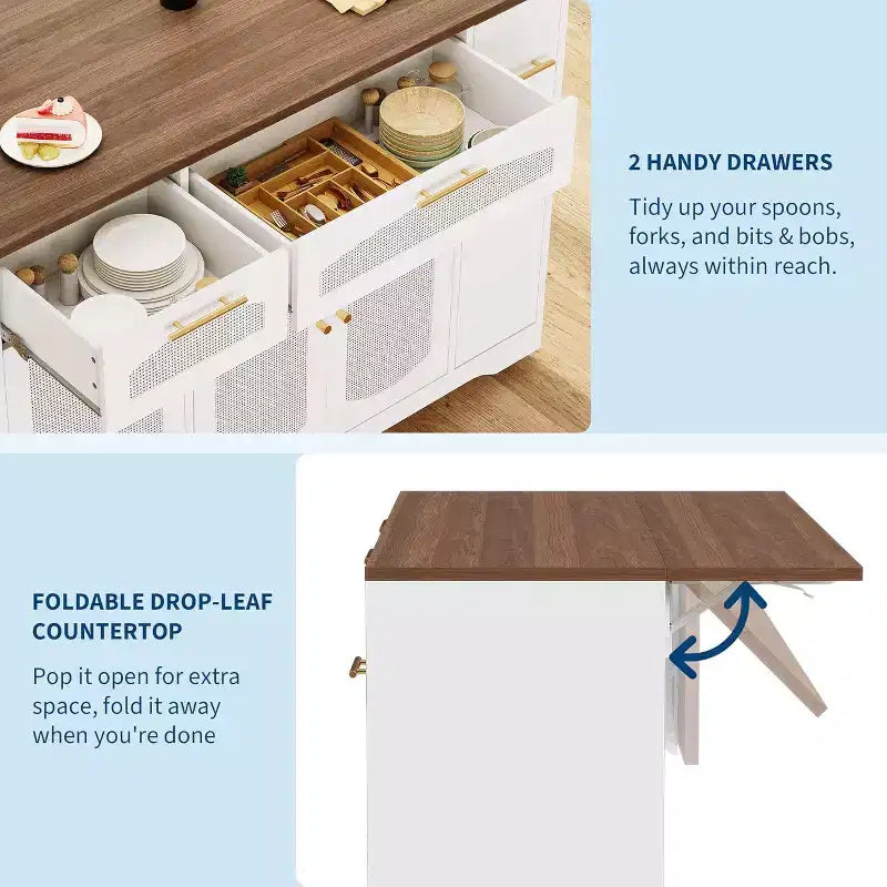Îlot de cuisine roulant de 53 pouces avec portes en rotin et bar de petit-déjeuner à abattant, meuble de rangement avec poubelle cachée
