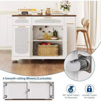 Îlot de cuisine roulant de 53 pouces avec portes en rotin et bar de petit-déjeuner à abattant, meuble de rangement avec poubelle cachée
