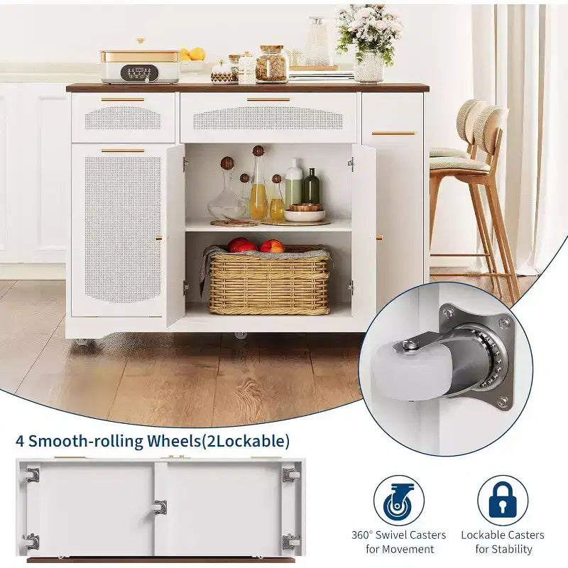 Îlot de cuisine roulant de 53 pouces avec portes en rotin et bar de petit-déjeuner à abattant, meuble de rangement avec poubelle cachée