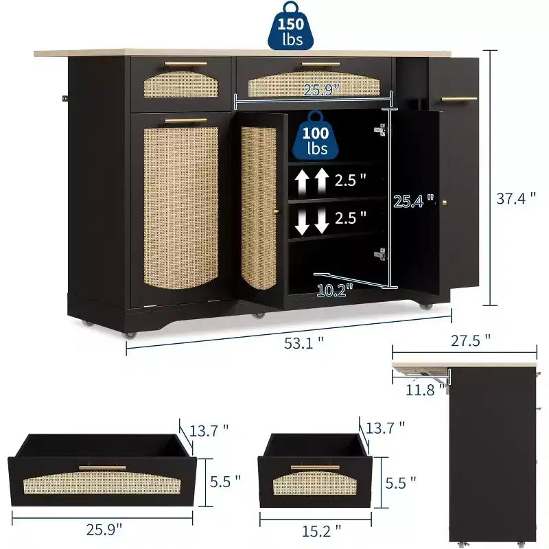 Îlot de cuisine roulant de 53 pouces avec portes en rotin et bar de petit-déjeuner à abattant, meuble de rangement avec poubelle cachée