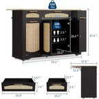 Îlot de cuisine roulant de 53 pouces avec portes en rotin et bar de petit-déjeuner à abattant, meuble de rangement avec poubelle cachée