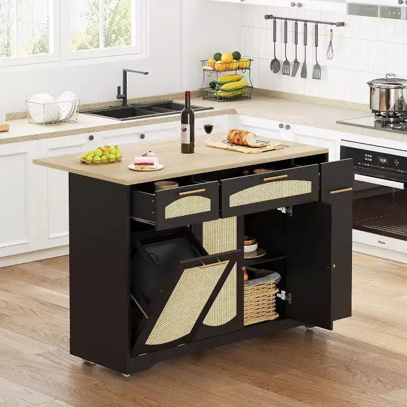 Îlot de cuisine roulant de 53 pouces avec portes en rotin et bar de petit-déjeuner à abattant, meuble de rangement avec poubelle cachée