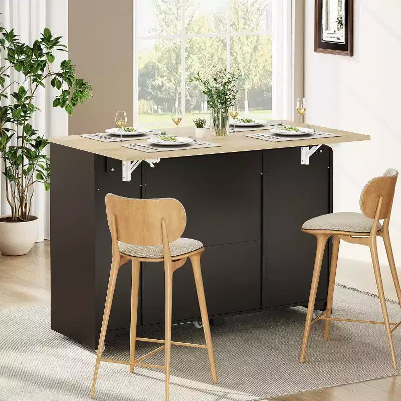 Îlot de cuisine roulant de 53 pouces avec portes en rotin et bar de petit-déjeuner à abattant, meuble de rangement avec poubelle cachée