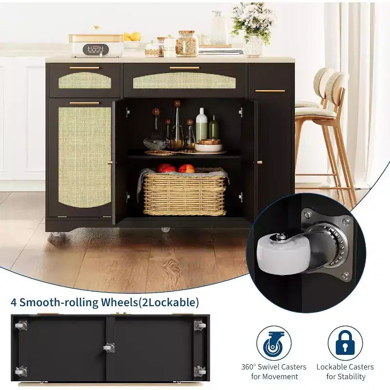 Îlot de cuisine roulant de 53 pouces avec portes en rotin et bar de petit-déjeuner à abattant, meuble de rangement avec poubelle cachée