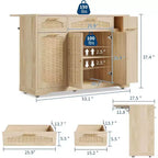 Îlot de cuisine roulant de 53 pouces avec portes en rotin et bar de petit-déjeuner à abattant, meuble de rangement avec poubelle cachée