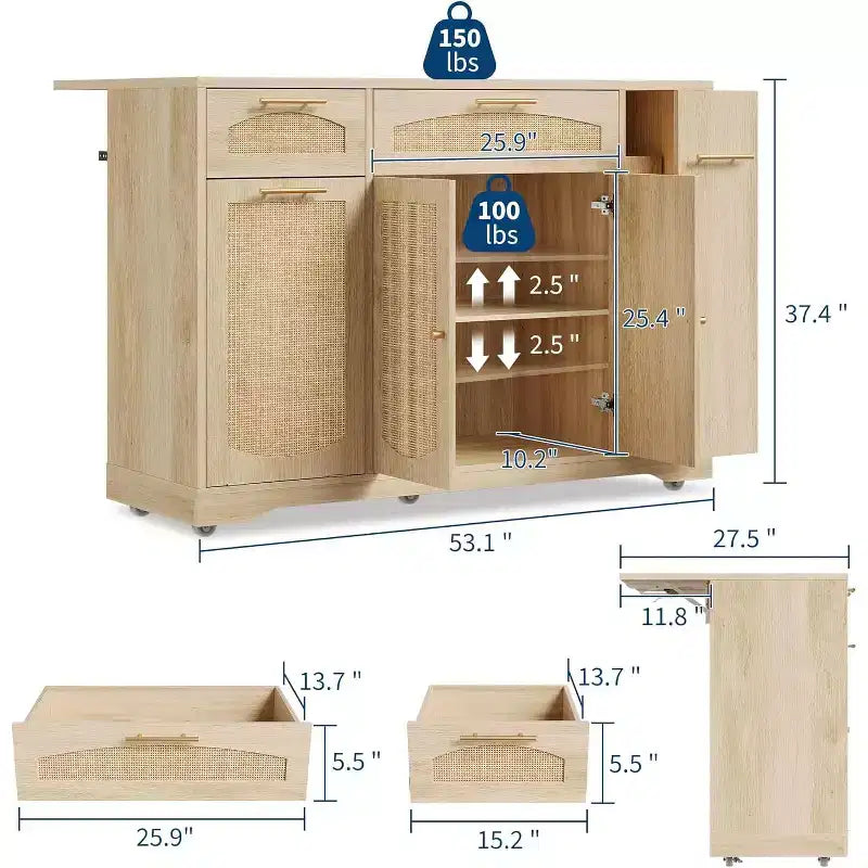 Îlot de cuisine roulant de 53 pouces avec portes en rotin et bar de petit-déjeuner à abattant, meuble de rangement avec poubelle cachée