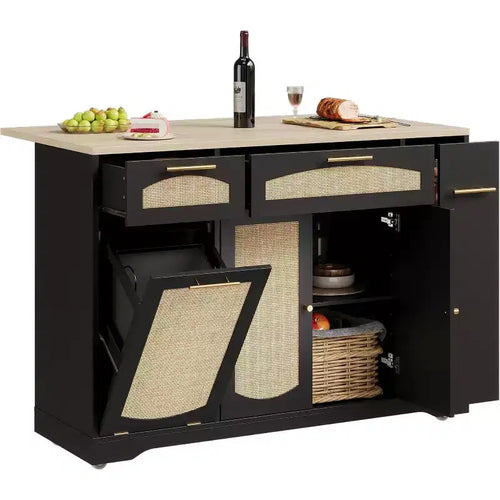 53 Rolling Kitchen Island with Rattan Doors & Drop-Leaf Breakfast Bar, Storage Cabinet with Hidden Trash Bin