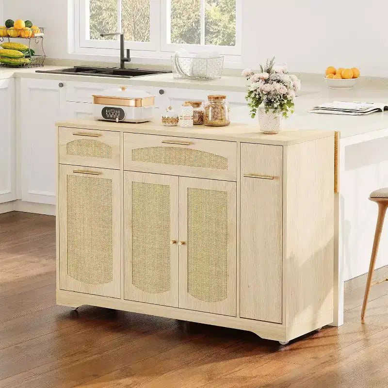Îlot de cuisine roulant de 53 pouces avec portes en rotin et bar de petit-déjeuner à abattant, meuble de rangement avec poubelle cachée