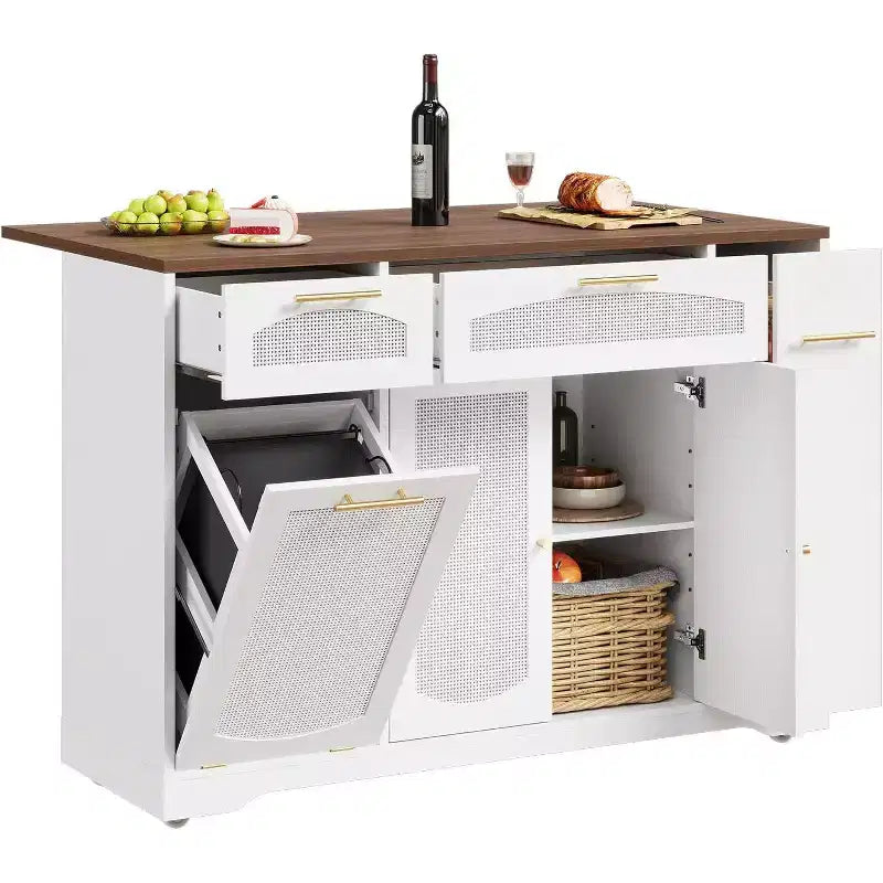 Îlot de cuisine roulant de 53 pouces avec portes en rotin et bar de petit-déjeuner à abattant, meuble de rangement avec poubelle cachée