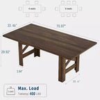 Table de salle à manger de 180 cm pour 6 personnes, grande table de cuisine rectangulaire avec cadre épais et robuste, tables de salle à manger style ferme