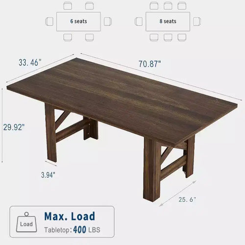 Table de salle à manger de 180 cm pour 6 personnes, grande table de cuisine rectangulaire avec cadre épais et robuste, tables de salle à manger style ferme