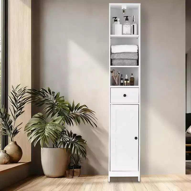 Meuble haut de salle de bain étroit de 170 cm avec 3 étagères ouvertes. Résistant à l'eau, autoportant et peu encombrant pour la salle de bain, la cuisine ou le couloir (blanc)
