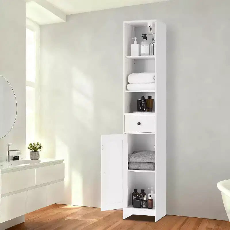 Meuble haut de salle de bain étroit de 170 cm avec 3 étagères ouvertes. Résistant à l'eau, autoportant et peu encombrant pour la salle de bain, la cuisine ou le couloir (blanc)