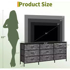 Meuble TV 63 pouces avec 9 tiroirs en tissu et plateau en bois, console multimédia à cadre métallique pour chambre ou salon