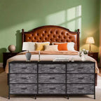 Meuble TV 63 pouces avec 9 tiroirs en tissu et plateau en bois, console multimédia à cadre métallique pour chambre ou salon