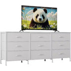 Meuble TV 63 pouces avec 9 tiroirs en tissu et plateau en bois, console multimédia à cadre métallique pour chambre ou salon