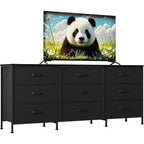 Meuble TV 63 pouces avec 9 tiroirs en tissu et plateau en bois, console multimédia à cadre métallique pour chambre ou salon
