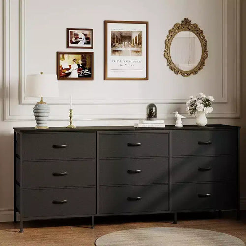 63 TV Stand with 9 Fabric Drawers and Wooden Top, Metal Frame Media Console Storage Organizer for Bedroom or Living Room