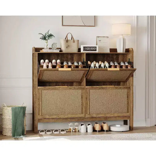 47 Boho Rattan Shoe Cabinet with 4 Flip Drawers, Slim Freestanding Shoe Storage with Adjustable Shelves for Entryway, Hallway or Foyer, Brown