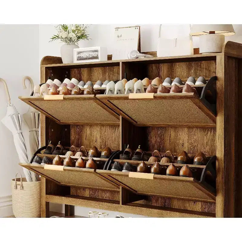 Meuble à chaussures bohème en rotin avec 4 tiroirs basculants, meuble de rangement à chaussures fin autoportant avec étagères réglables pour entrée ou couloir, marron